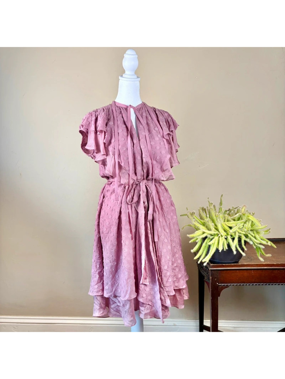 100% Silk BCBG MaxAzria Runway Swiss Dot dress Size XS to M Blush Pink Fairycore